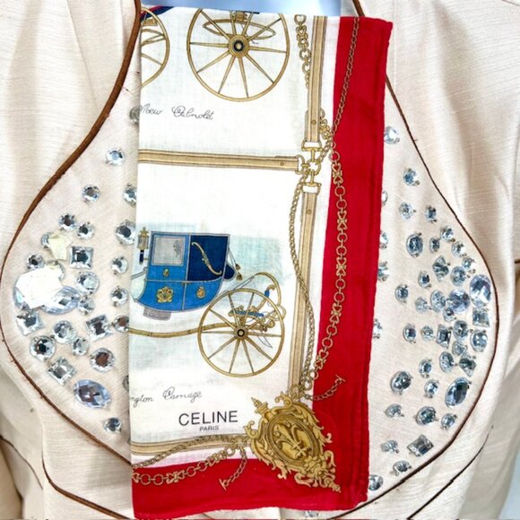 Unused Celine Paris Mini Scarf/Handkerchief Cotton 18" Ivery Red Gold Chariot(60 - Picture 5 of 6